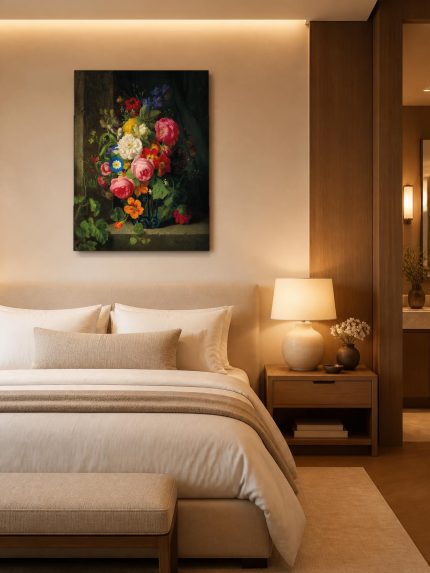 Weelderig Boeket in Kristallen Vaas, Bloemen & Stilleven schilderij aan de muur in interieur