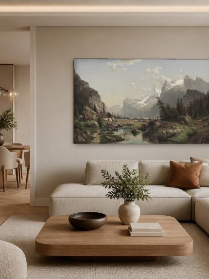 Alpenvallei met kudde en herdershut, Natuur & Landschap schilderij aan de muur in interieur