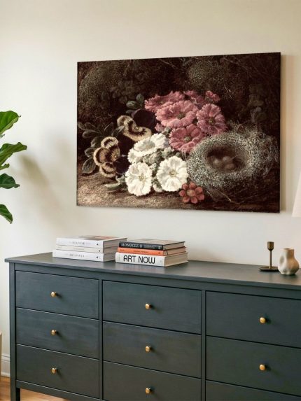Vogelnest met Bloemen (naar George Clare), Bloemen & Stilleven schilderij aan de muur in interieur