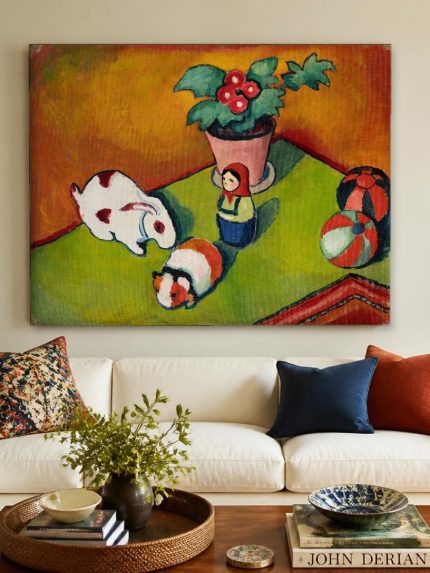 Speelgoed Stilleven (naar August Macke), Bloemen & Stilleven schilderij aan de muur in interieur