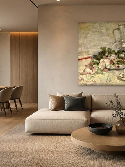 Stilleven met Rozen en Karaf (naar Zandomeneghi), Bloemen & Stilleven schilderij aan de muur in interieur