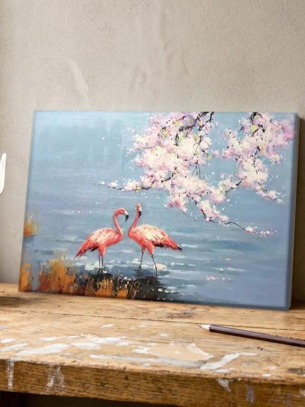 Flamingo's onder bloesemtak, Dieren schilderij aan de muur in interieur