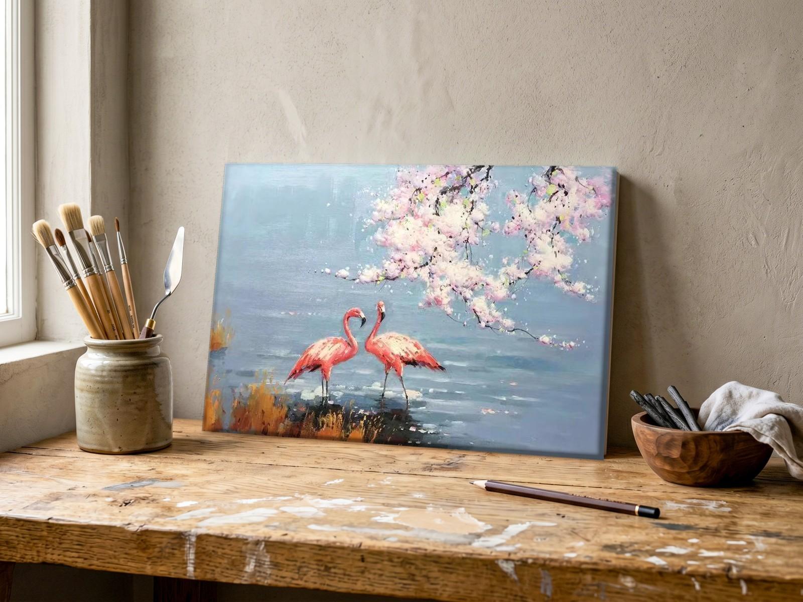Flamingo's onder bloesemtak, Dieren schilderij aan de muur in interieur