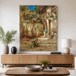 Mediterraans Terras met Wijnrank, Steden & Skylines schilderij aan de muur in interieur