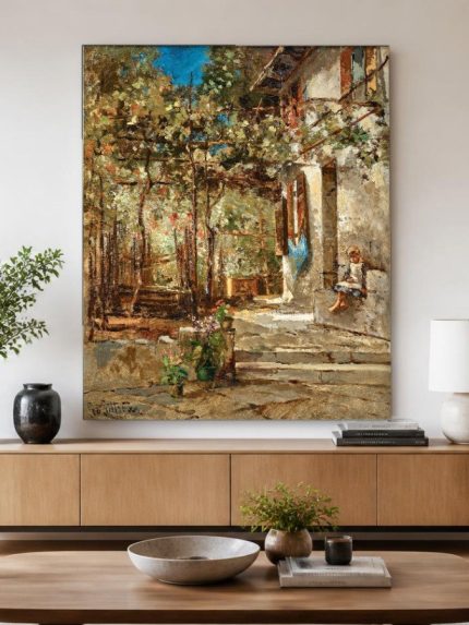 Mediterraans Terras met Wijnrank, Steden & Skylines schilderij aan de muur in interieur