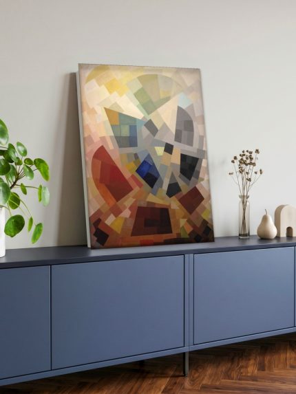 Gebroken Vlakken in Aarde en Blauw, Abstract & Modern schilderij aan de muur in interieur