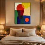 Geometrisch Spel in Rood en Geel, Abstract & Modern schilderij aan de muur in interieur