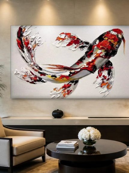 Koikarper in beweging, Dieren schilderij aan de muur in interieur