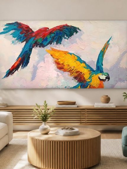 Vliegende Papegaaien, Dieren schilderij aan de muur in interieur