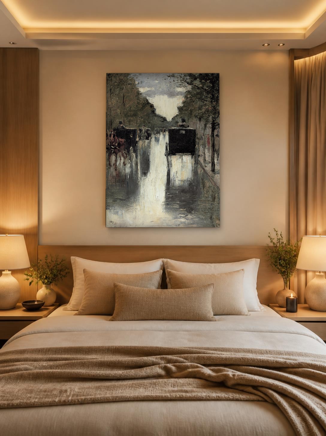 Koetsen in de Regen, Steden & Skylines schilderij aan de muur in interieur