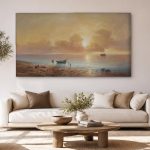 Gouden Kustavond met Zeilschip, Natuur & Landschap schilderij aan de muur in interieur