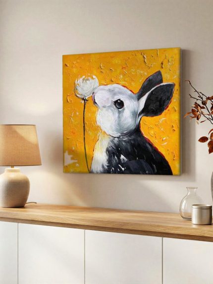 Konijn met Paardenbloem, Dieren schilderij aan de muur in interieur