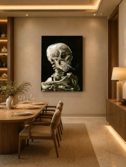 Schedel met Sigaret (naar Van Gogh), Mensen & Portretten schilderij aan de muur in interieur
