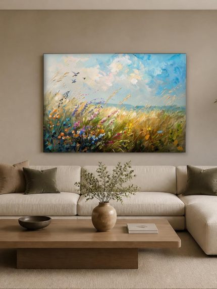 Golvend Bloemenveld met Vogels, Bloemen & Stilleven schilderij aan de muur in interieur