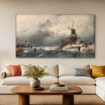 Molen in de Winter (naar Leickert), Natuur & Landschap schilderij aan de muur in interieur