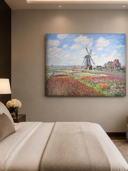 Tulpenvelden bij Rijnsburg (naar Monet), Bloemen & Stilleven schilderij aan de muur in interieur