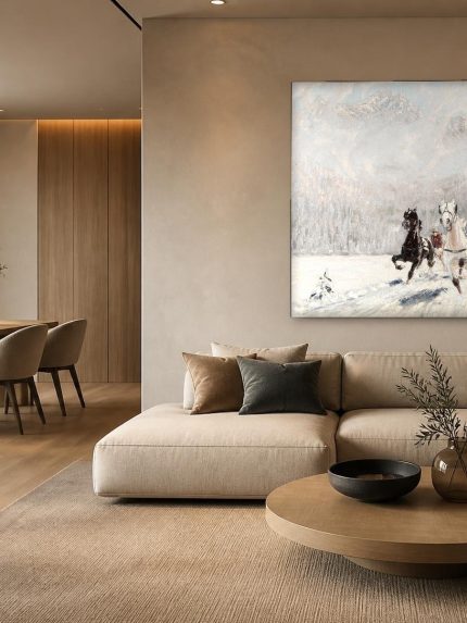 Paardenrace in de Sneeuw (naar Hienl-Merré), Dieren schilderij aan de muur in interieur