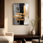 Gouden Blokken in Zwart, Abstract & Modern schilderij aan de muur in interieur
