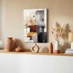Verweerde Vlakken in Oker en Grafiet, Abstract & Modern schilderij aan de muur in interieur