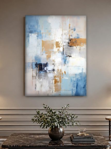 Verticale Vlakken in Blauw en Goud, Abstract & Modern schilderij aan de muur in interieur