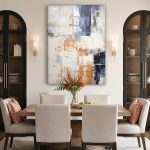 Vlakken in Oker en Indigo, Abstract & Modern schilderij aan de muur in interieur