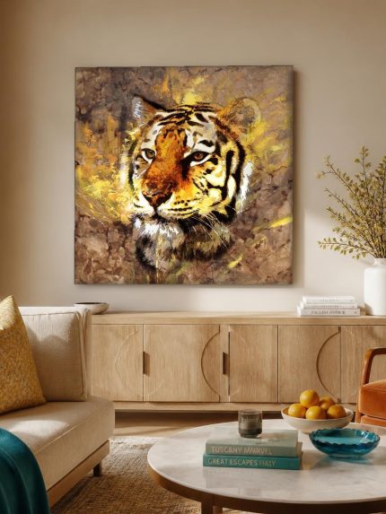 Tijger in gouden licht, Dieren schilderij aan de muur in interieur