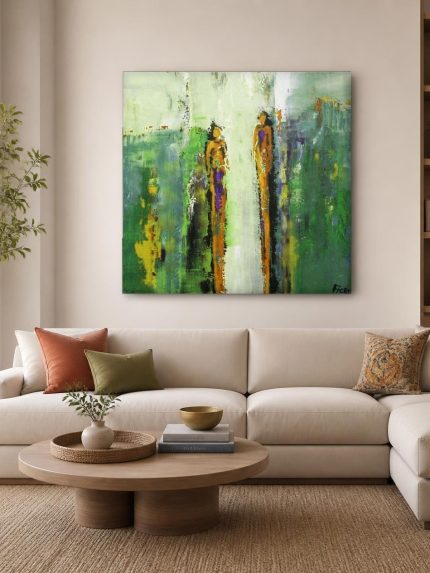 Twee Silhouetten in Groen, Mensen & Portretten schilderij aan de muur in interieur