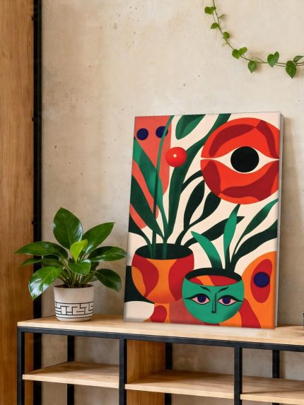 Plantenstilleven met Verborgen Gezicht, Bloemen & Stilleven schilderij aan de muur in interieur