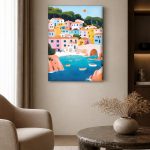 Kleurrijk Kustdorp aan Zee, Natuur & Landschap schilderij aan de muur in interieur