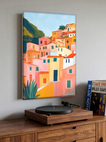 Kleurrijk Dorp op de Heuvel, Steden & Skylines schilderij aan de muur in interieur