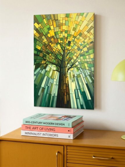 Boom in gebrandschilderd licht, Natuur & Landschap schilderij aan de muur in interieur