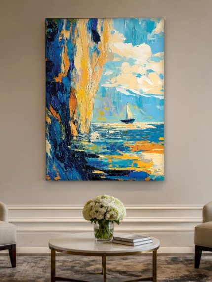 Gouden Rotskust met Zeilboot, Natuur & Landschap schilderij aan de muur in interieur