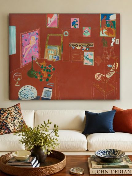 Het Rode Atelier (naar Matisse), Bloemen & Stilleven schilderij aan de muur in interieur