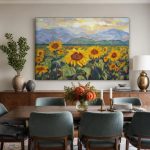 Zonnebloemenveld bij de Bergen, Bloemen & Stilleven schilderij aan de muur in interieur