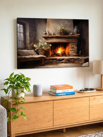 Warmte bij de Open Haard, Bloemen & Stilleven schilderij aan de muur in interieur