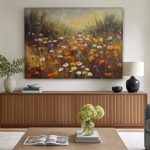Bloemenweide in gouden licht, Bloemen & Stilleven schilderij aan de muur in interieur