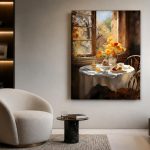 Herfstontbijt bij het Venster, Bloemen & Stilleven schilderij aan de muur in interieur