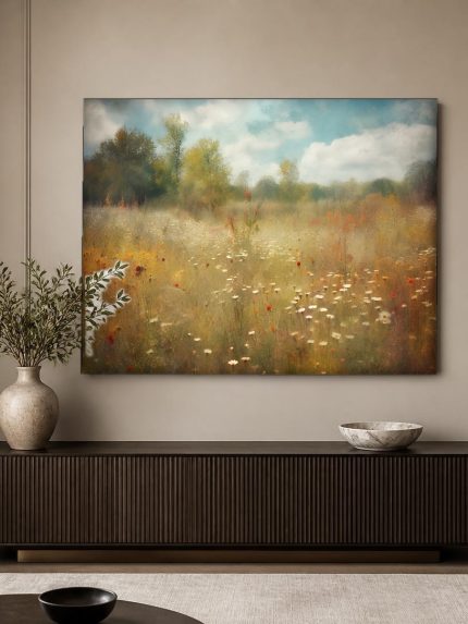 Wilde Bloemenweide in Zomerlicht, Bloemen & Stilleven schilderij aan de muur in interieur