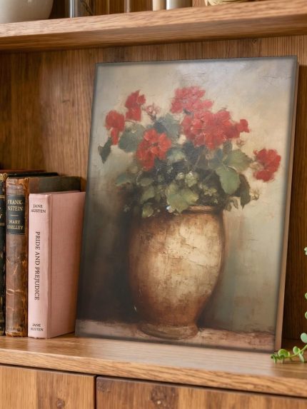 Geraniums in terracotta kruik, Bloemen & Stilleven schilderij aan de muur in interieur