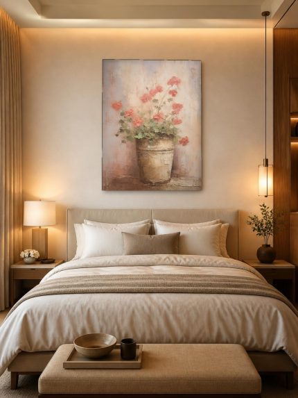 Geranium in Terracotta Emmer, Bloemen & Stilleven schilderij aan de muur in interieur