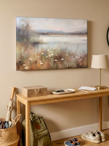 Veldbloemen bij het Meer, Bloemen & Stilleven schilderij aan de muur in interieur