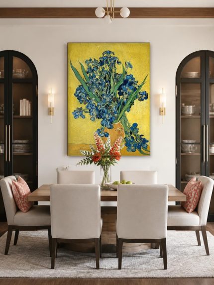 Irissen in aardewerken vaas (naar Van Gogh), Bloemen & Stilleven schilderij aan de muur in interieur