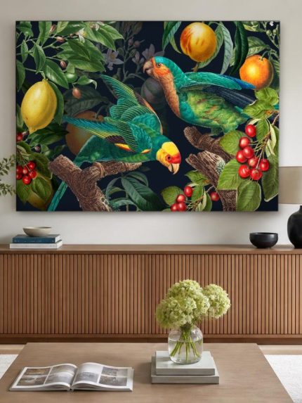 Papegaaien in de Fruitboomgaard, Dieren schilderij aan de muur in interieur