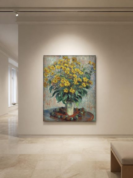 Gele Topinamboer Bloemen (naar Monet), Bloemen & Stilleven schilderij aan de muur in interieur