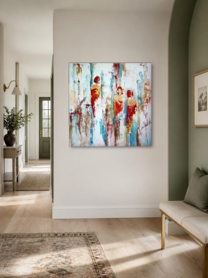 Drie Silhouetten in Kleurstromen, Mensen & Portretten schilderij aan de muur in interieur