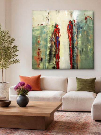 Twee Silhouetten in Rood, Mensen & Portretten schilderij aan de muur in interieur