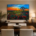 Klaprozenveld bij Zonsondergang, Natuur & Landschap schilderij aan de muur in interieur