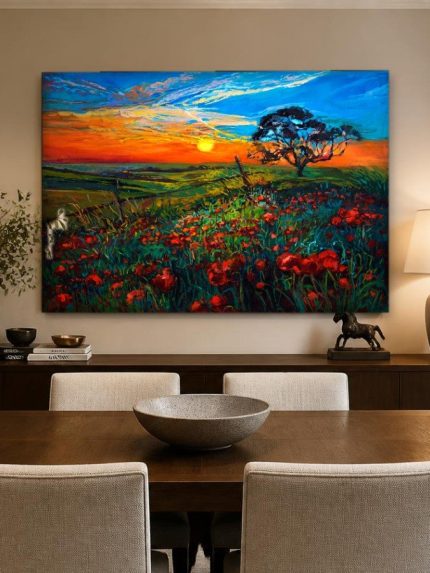 Klaprozenveld bij Zonsondergang, Natuur & Landschap schilderij aan de muur in interieur