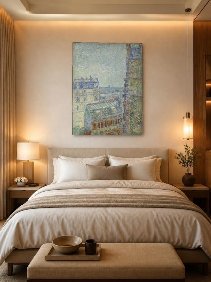 Uitzicht vanuit Theo's Appartement (naar Van Gogh), Steden & Skylines schilderij aan de muur in interieur