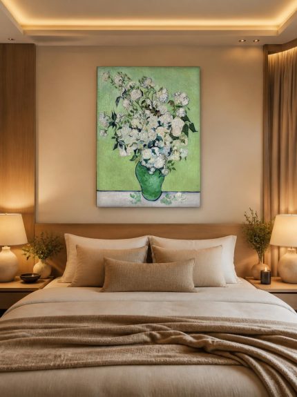 Rozen in Groene Vaas (naar Van Gogh), Bloemen & Stilleven schilderij aan de muur in interieur